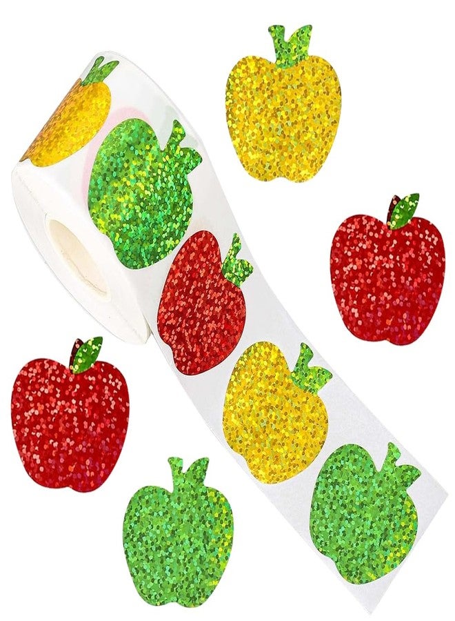 RUPOFUZA 500Pcs Back to School Apples Stickers Roll 1.5in Laser Apples Sparkly 3 Colors Holographic Waterproof Decals Self-Adhesive Stickers for Envelope Scrapbook Decor First Day of School Party Supplies - Image 1